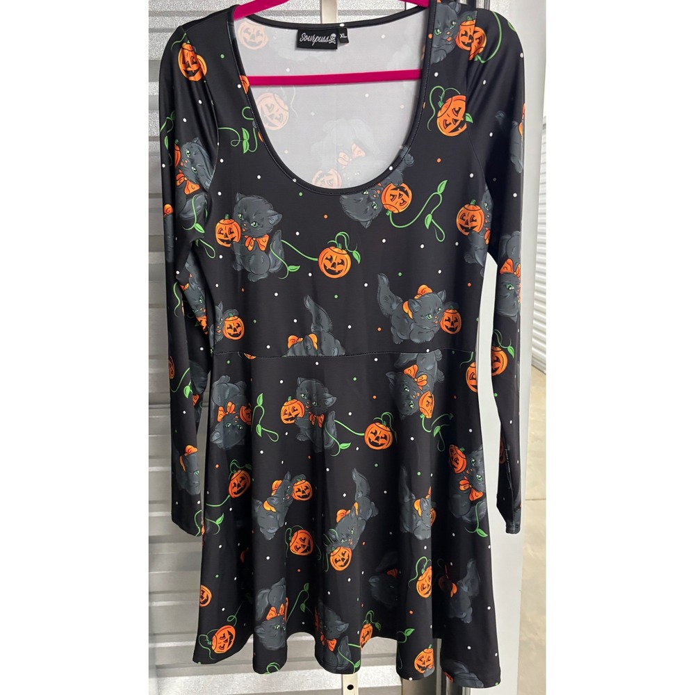 Sourpuss Halloween Black Cat Pumpkin Polka Dot Skater Dress XL Long Sleeve
